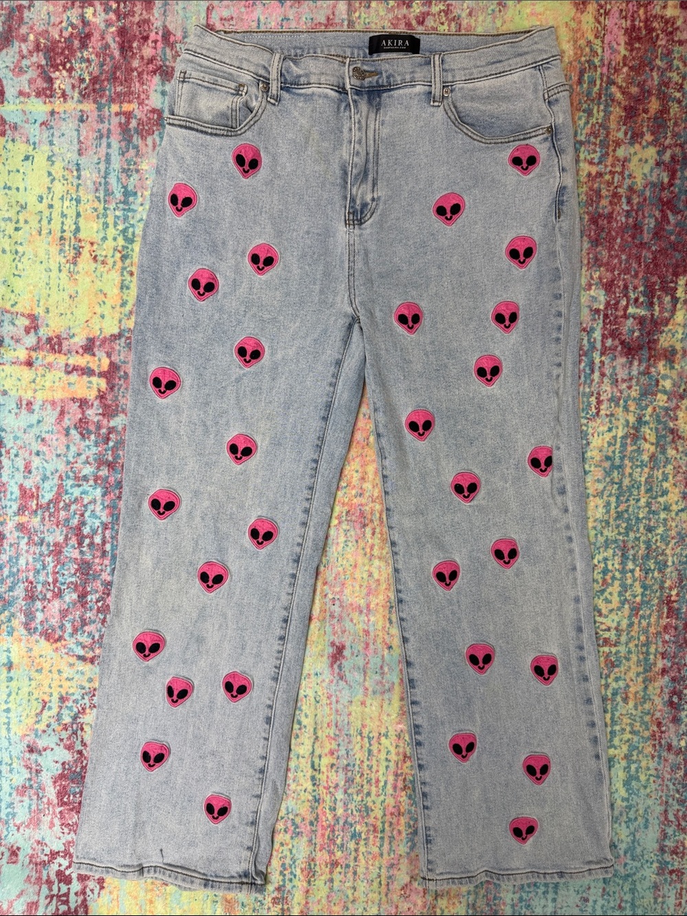 AKIRA Light Wash Straight Leg Jeans with Pink Alien Patches